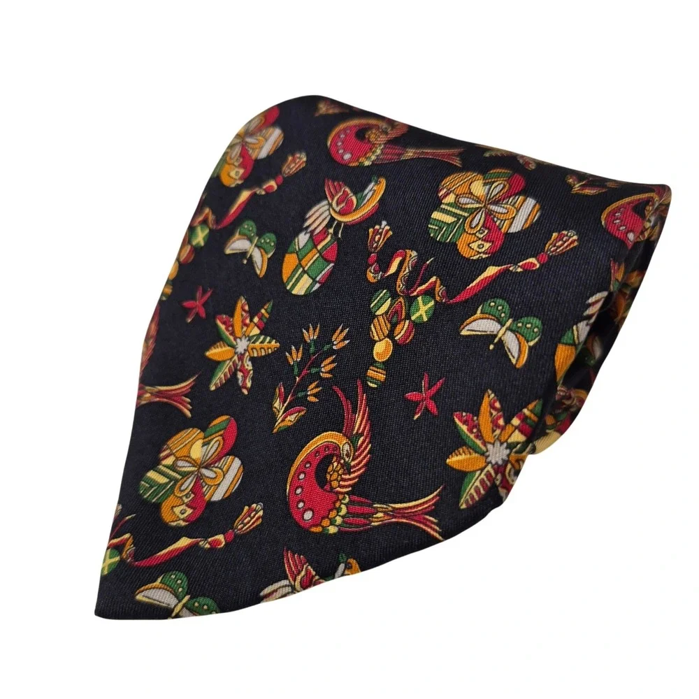 Salvatore Ferragamo Tie Men Black Silk Bird Butterfly Floral Print Italy Necktie